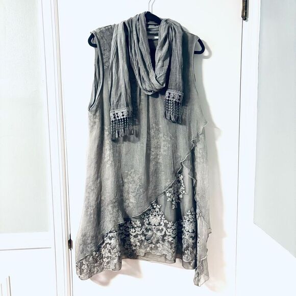 Fashion Concepts L lace overlay dress & scarf bohemian sage green - Picture 1 of 15